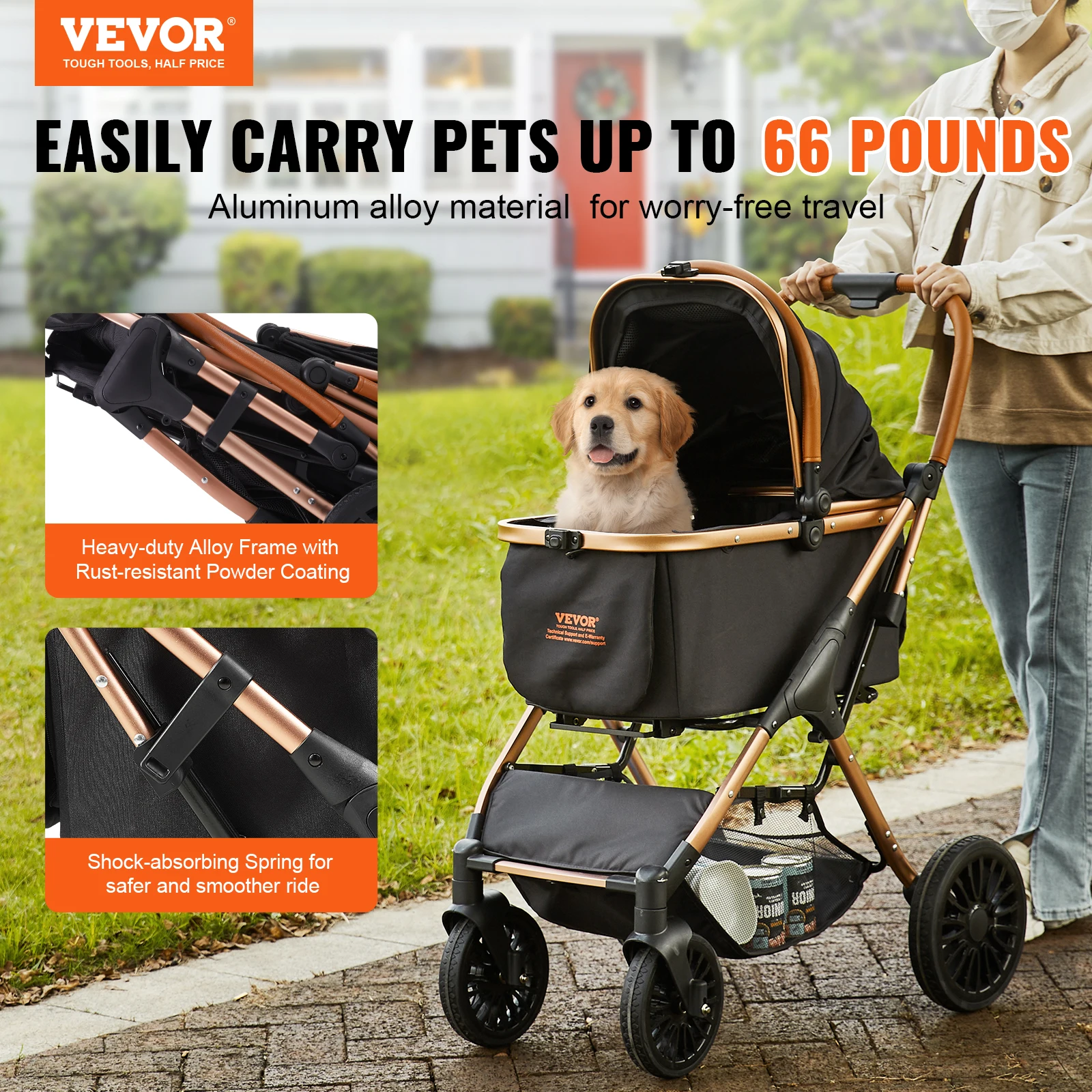 Vevor 66 Lbs Kinderwagen Opvouwbare Hond Puppy Kinderwagen Met Remmen Opbergmand Afneembare Drager Voor Kleine Tot Middelgrote Honden