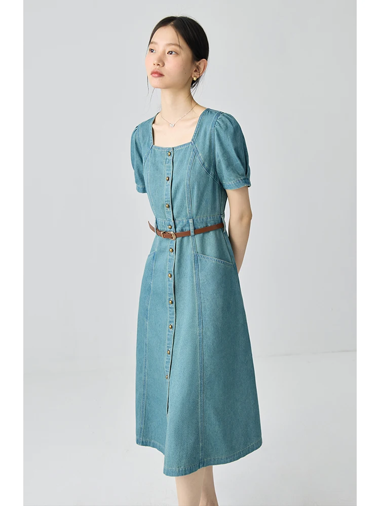 ZIQIAO Long Denim Blue Summer Dress Square Neck Temperament Puff Short Sleeve A-LINE Long Dress Single Breasted Dress 24ZQ92294