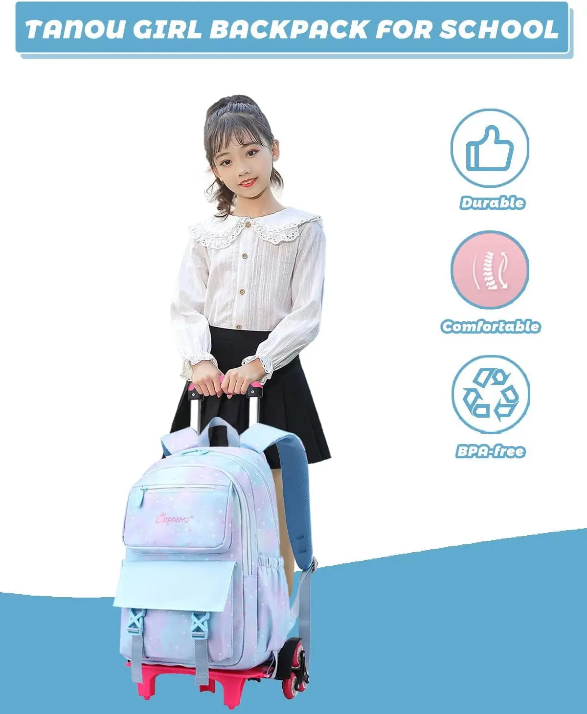 Girl's Wheeled Backpack Lightweight Primary Child Rolling Bag Wheeled Satchel for School Trips 16 Inches