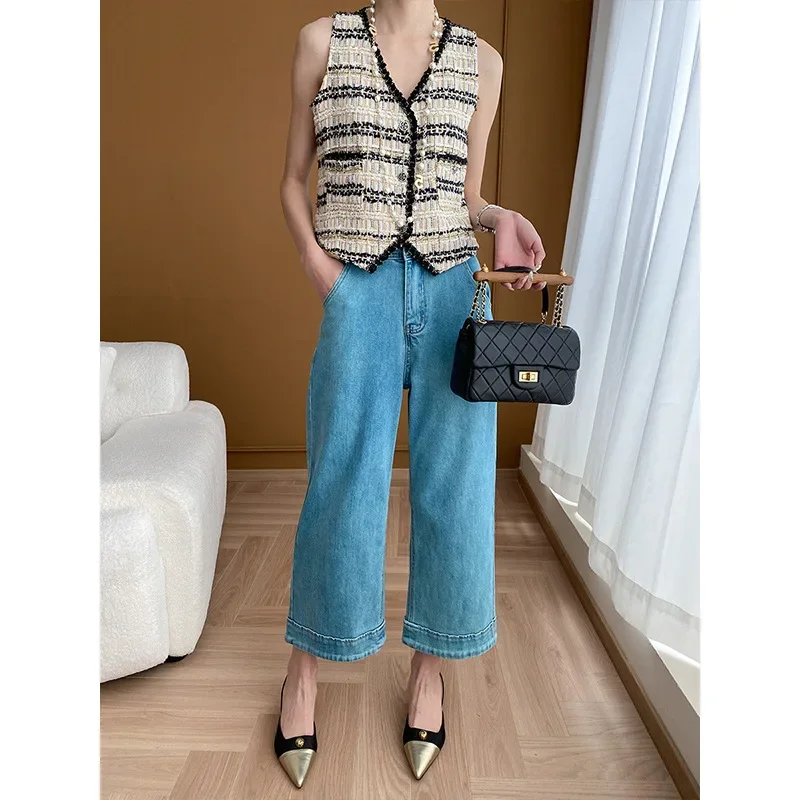 Small Fragrant Tweed Vest Jacket Spring New Fashion Casual Basic Korea Chic V-neck High Quality Sleeveless Women Plaid Vest