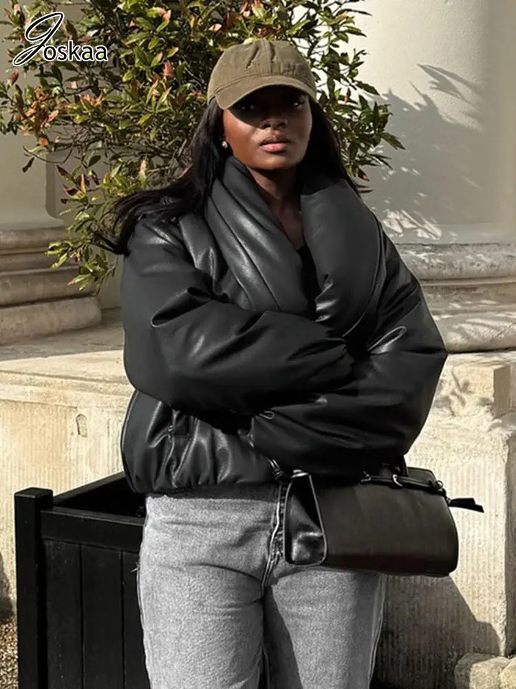 Joskaa-Chaqueta acolchada recortada para mujer, Parkas holgadas de manga larga con cuello levantado de piel sintética para invierno, ropa de calle acolchada, 2025