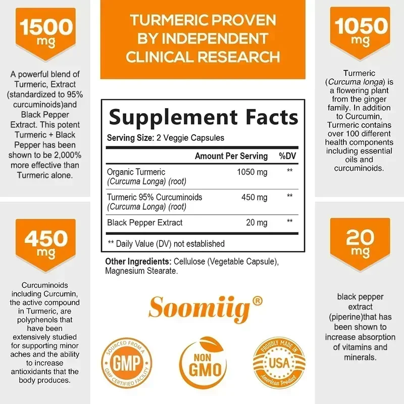 Organic Turmeric Supplement 1500mg Joint & Cell Defense, Black Pepper for Increased Absorption, High Potency Curcumin Supplement