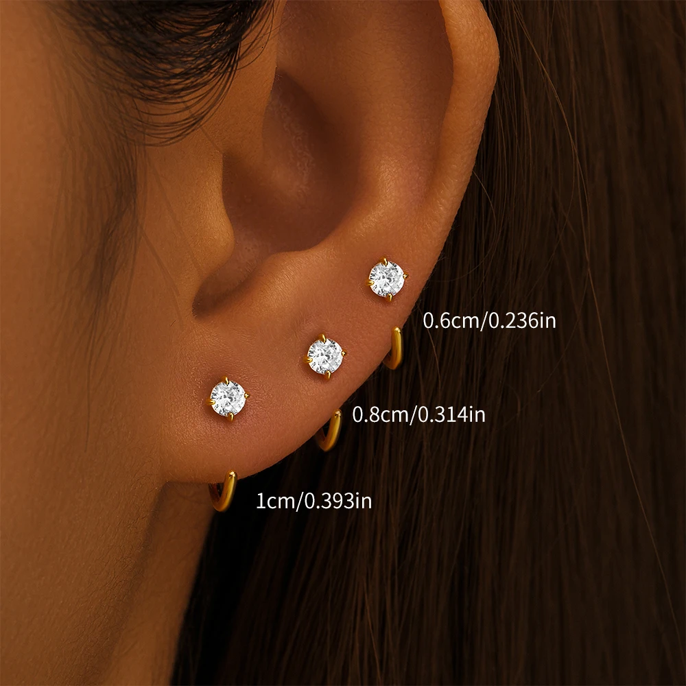 ROXI S925 Sterling Silver Geometric Zircon Ear Hook 3 Piece Stud Earrings For Women Men Minimalist Gold/Silver Piercing jewelry