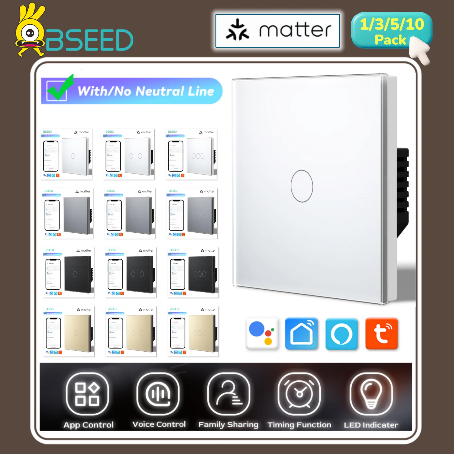 BSEED WiFi Matter Smart Switch APP Light Touch Switch 1/2/3Gang Work With Alexa Google Home Apple Home Backlight Tuya Switches