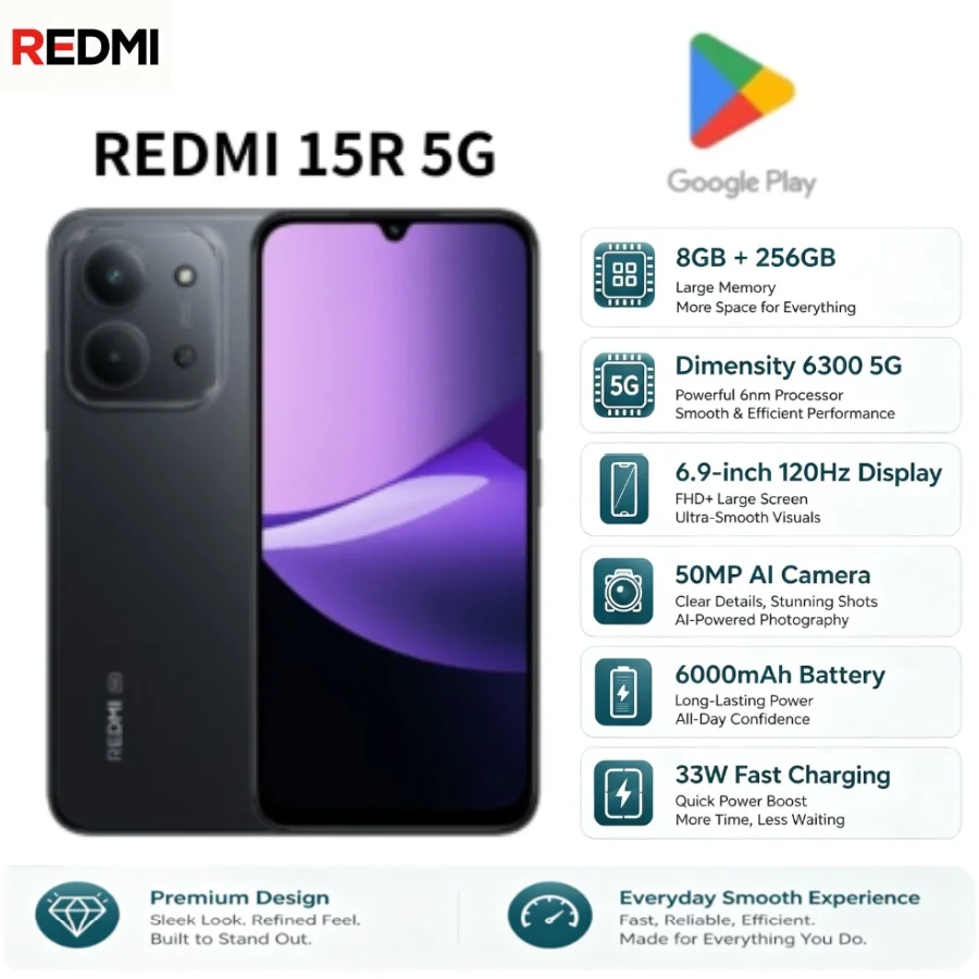 Redmi 15R 5G Smartphone, 8GB RAM 256GB ROM, Dimensity 6300, 6.9-inch 120Hz Screen, 50MP AI Camera, 6000mAh Battery, IP64