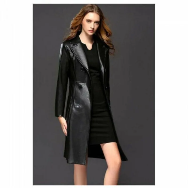 

Women's Black Leather Windbreaker 100% Soft Sheepskin Double Breasted Coat European and American Fashion Trend