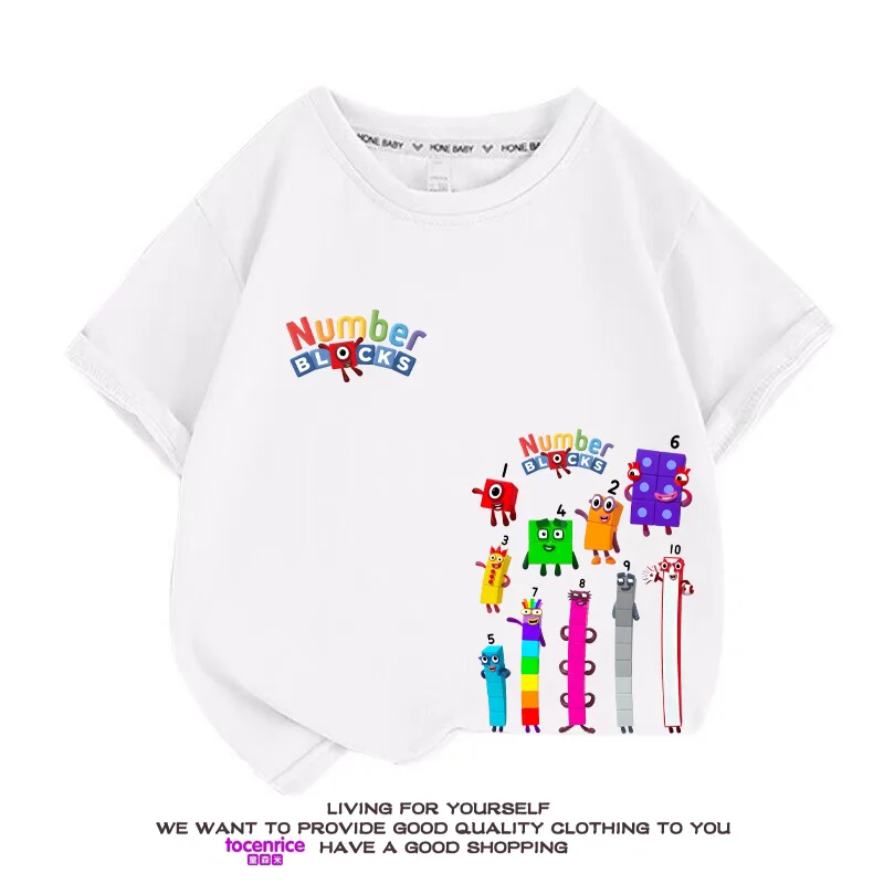 2024 Summer New Digital Building Blocks Boys Short Sleeve T-shirt Cartoon Clothes Children Half Sleeve Boys Girls Cotton Top