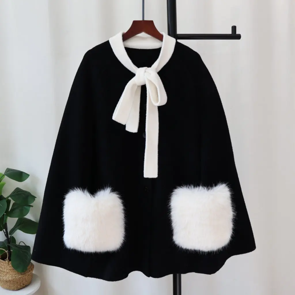 

Элегантный вязаный двусторонний стильный плащ, женский свитер с бантом, шаль во французском стиле, осень-зима, Новое поступление