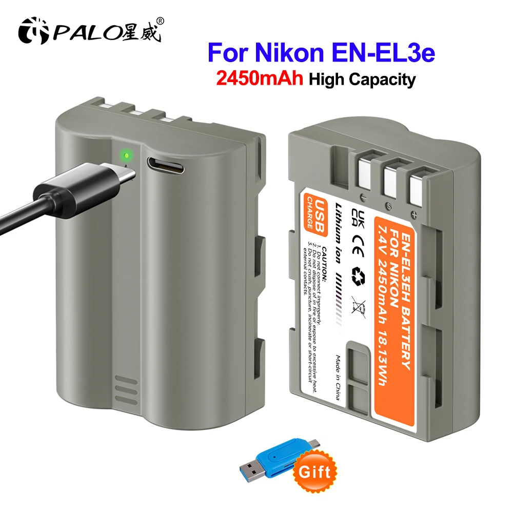 PALO 2450mAh EN-EL3e EN EL3e Battery with Type-C Charging for Nikon D300S D300 D100 D200 D700 D70 D70S D80 D90 D50 L50 Camera