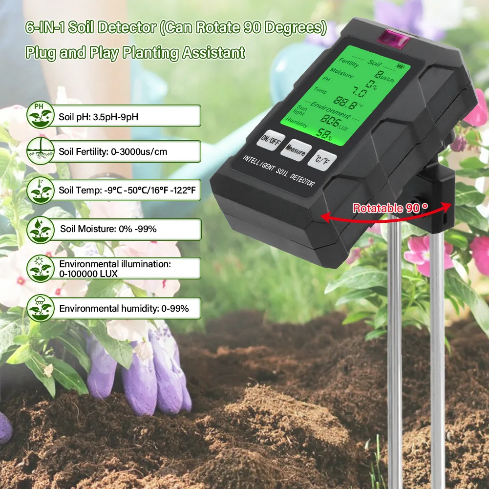 Yieryi-Testador Digital do Solo, PH do Solo, Fertilidade, Umidade, Luz Solar, Umidade do Ar, Temperatura, 6 em 1 PH Meter Solo para Jardinagem