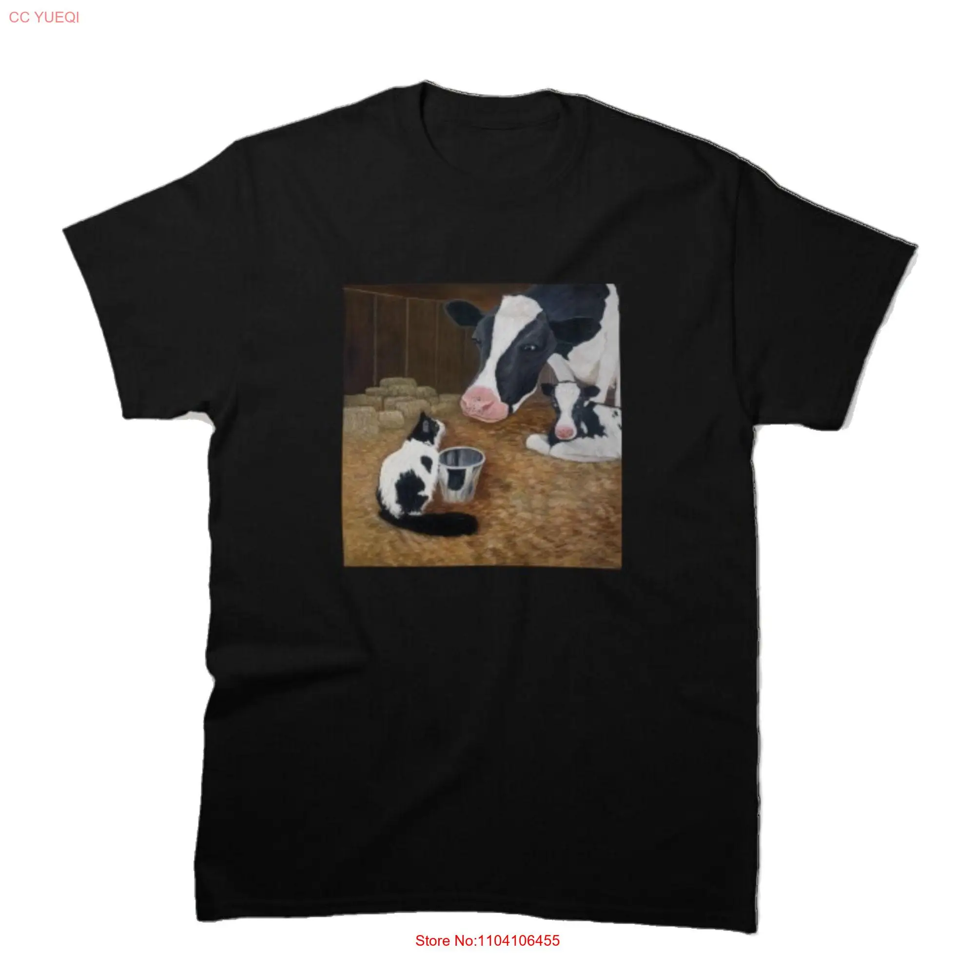 Tuxedo Cat and Cow T shirt calf looking at Barn scene with hay shiny milk bucket lover gift Whimsical art