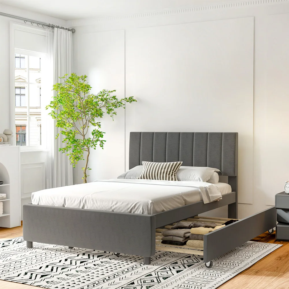 

Full Size Bed Frame with Storage Headboard, Metal Platform Bed No Noise, Mattress Foundation Strong Metal Slats Support No Box