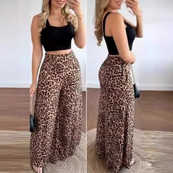 2025 Women Two Piece Sets Outfits Summer Fashion Square Neck Sleeveless Crop Tank Top Leopard Print Pocket Wide Leg Pants Set