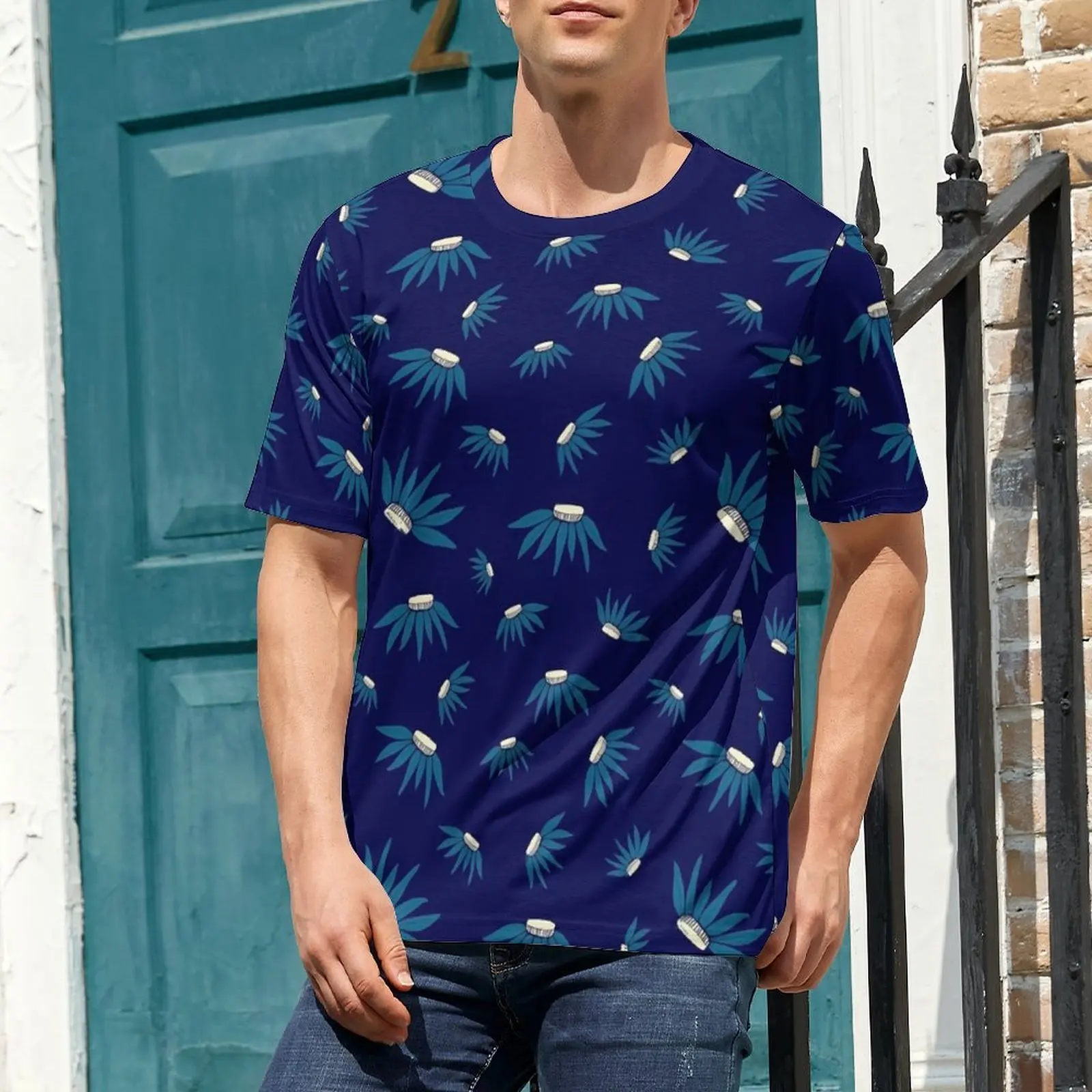 Summer T Shirt Blue Daisy Floral T Shirts Flowers Print Funny Hippie Tees For Man Short-Sleeve Design Plus Size Tops