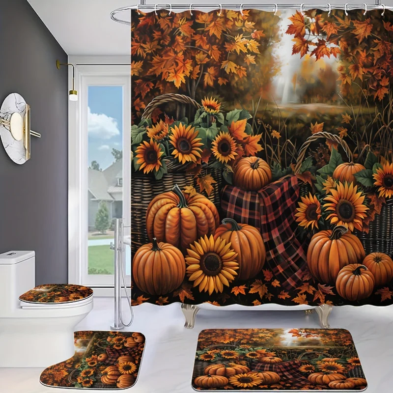 4pcs Autumn Pumpkin and Joy Printed Shower Curtain Set, Decorative Bathroom Set Including Waterproof Shower Curtain, Non-slip