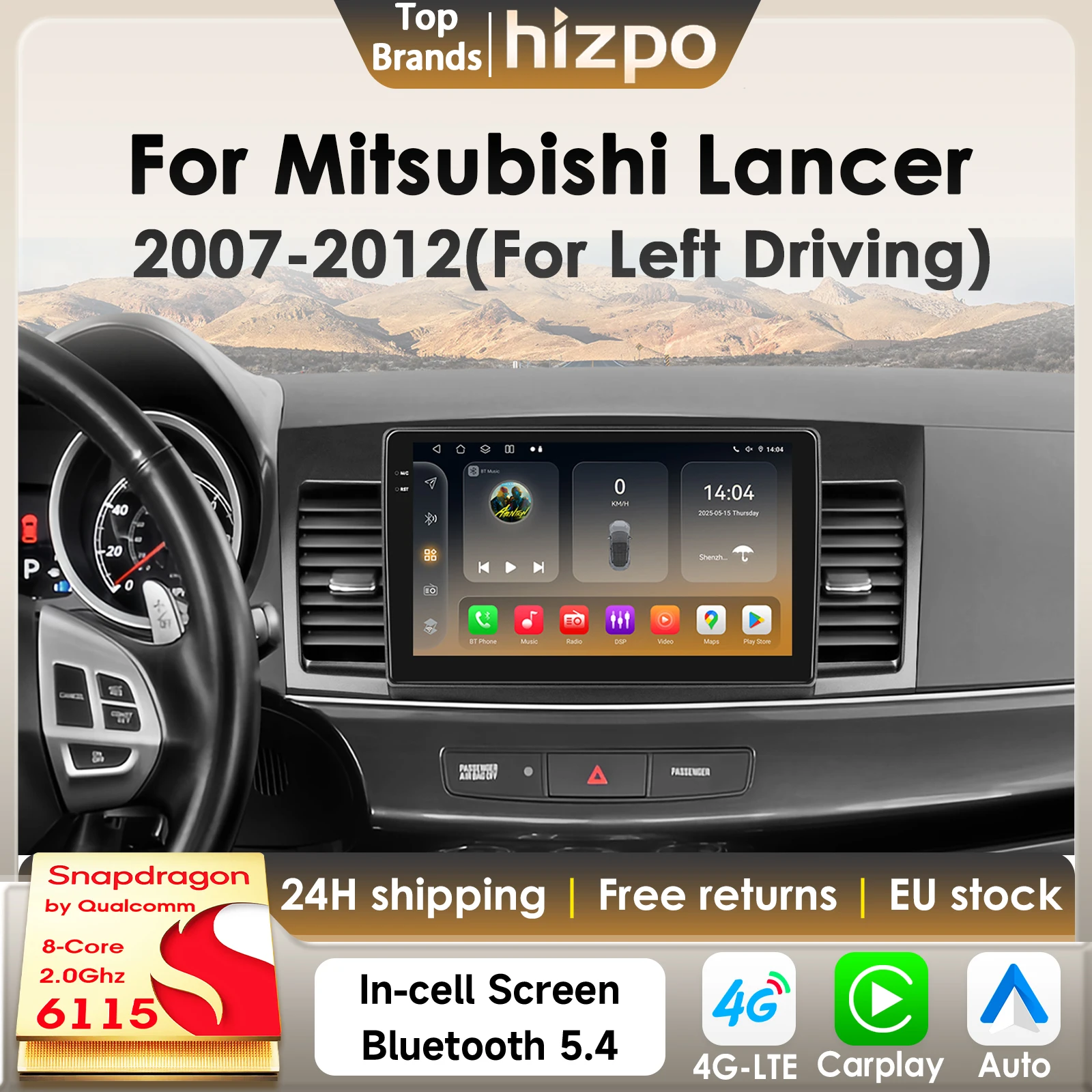 Hizpo Android 14 Lettore multimediale per auto per Mitsubishi Lancer 2007-2012 AI Wireless CarPlay 360Camera GPS 4G BT di Snapdragon6115