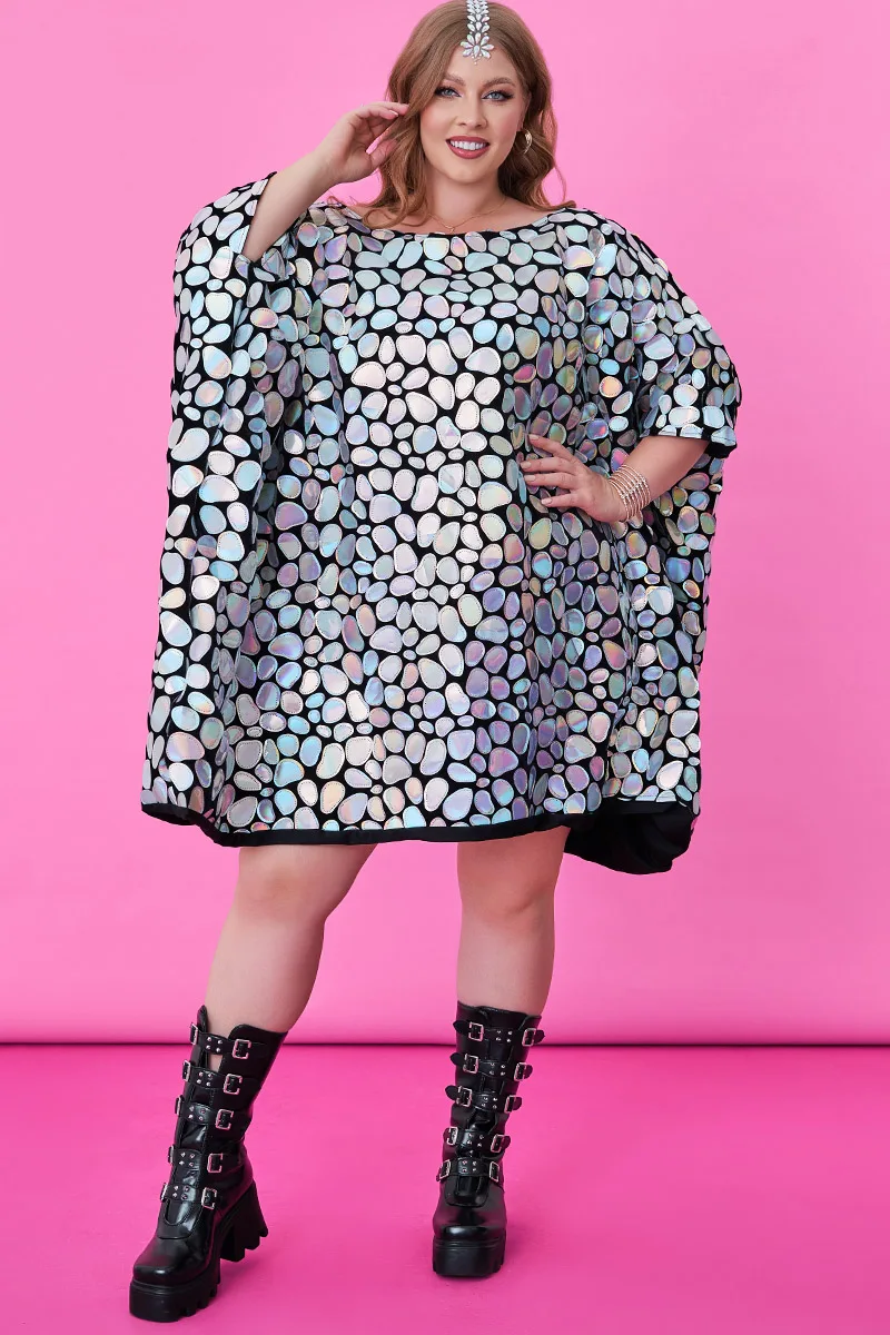 

Plus Size Silver Party Batwing Sleeves Silver Laser Mirror Sequin Mini Dress