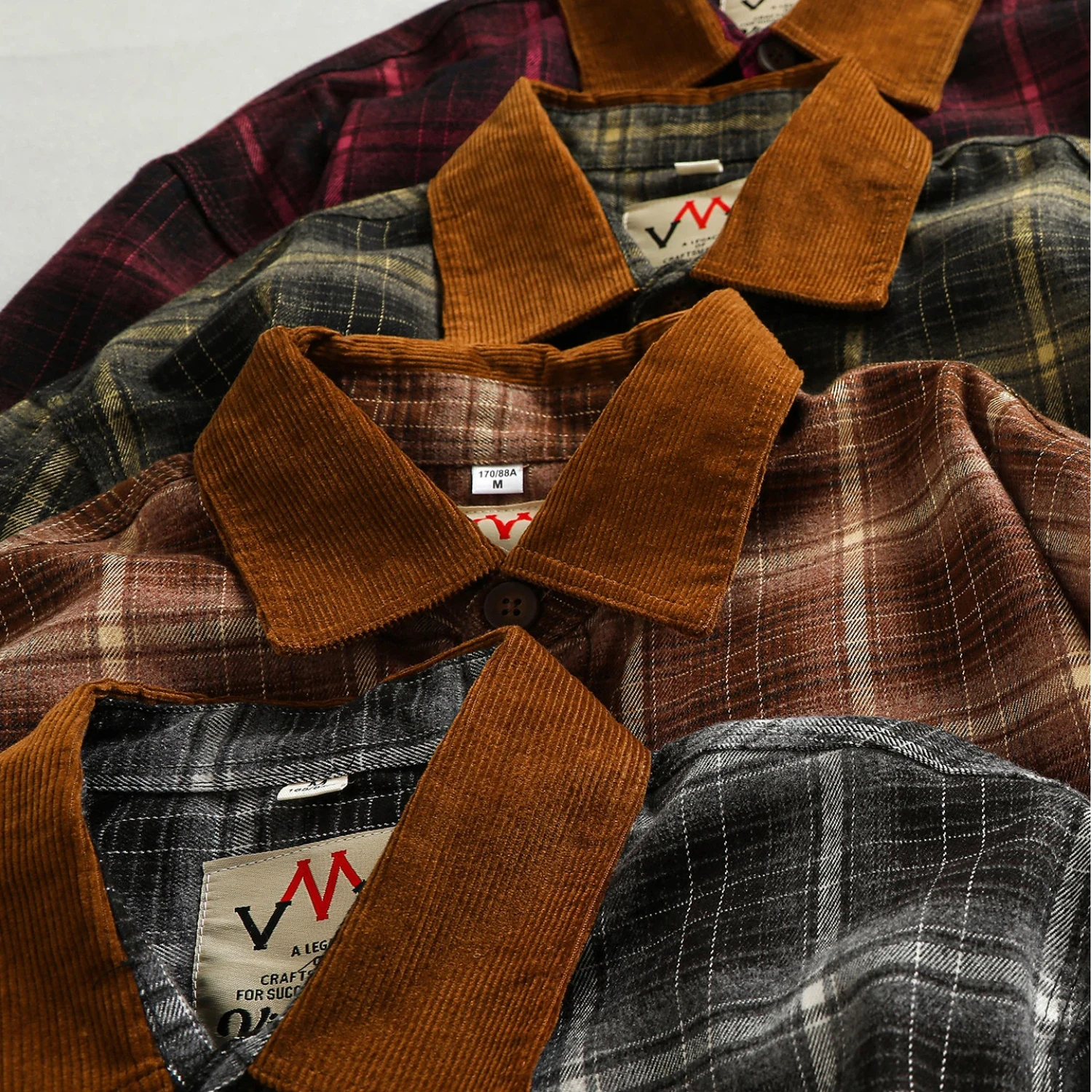 

Corduroy splicing thick brushed plaid long-sleeved shirt men's American retro street trend pocket shirt jacket