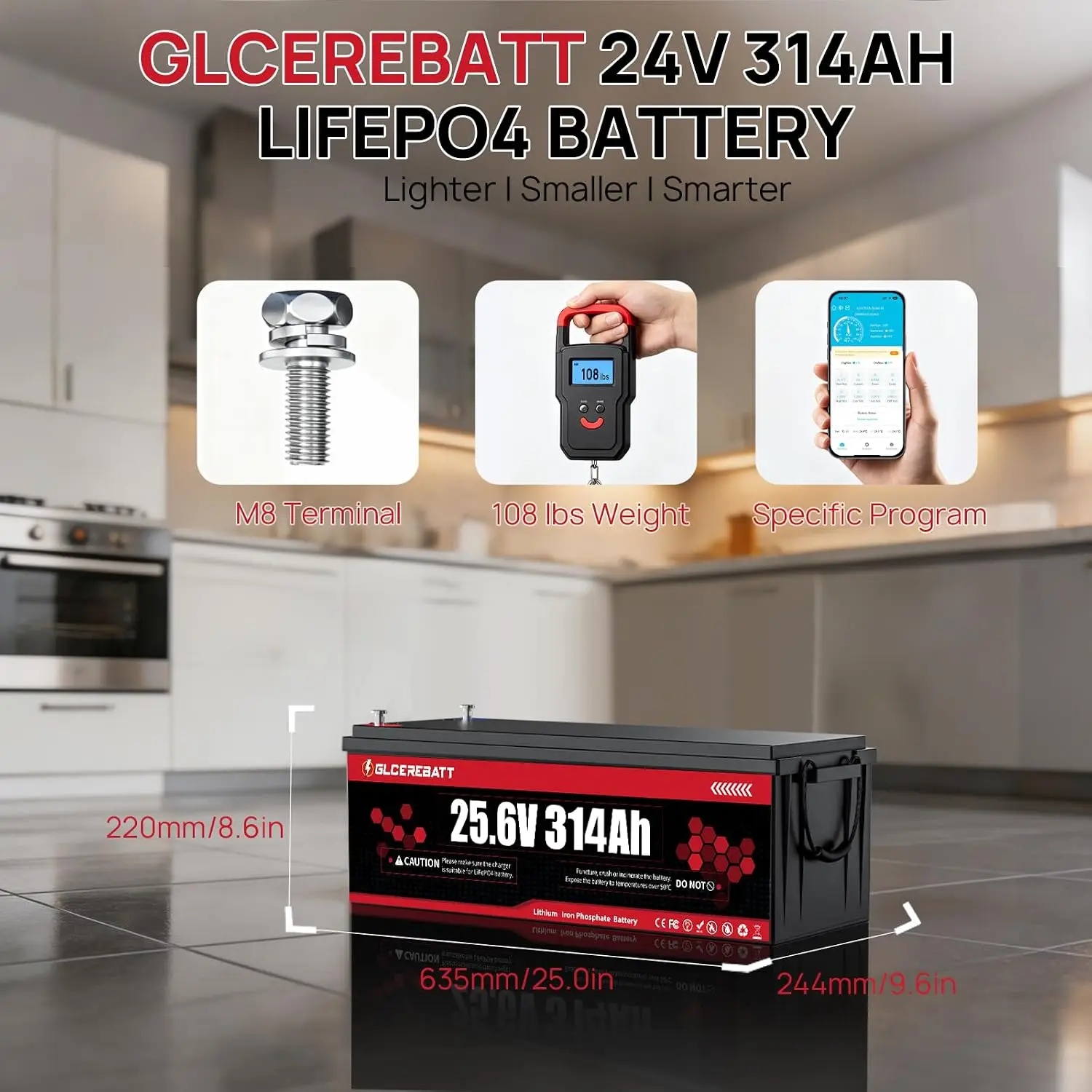 24V 314Ah LiFePO4 Battery, Bluetooth & 200A BMS, 6000+ Deep Cycles, 10-Year Lifespan for Solar Marine RV Off-Grid, Customized