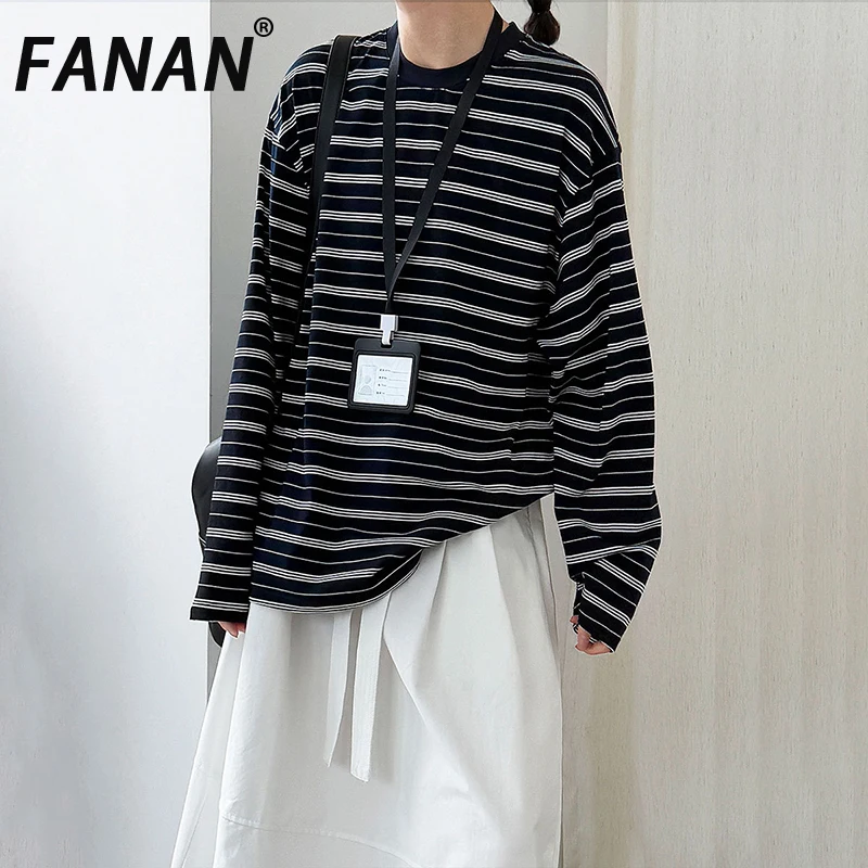 

FANAN Vintage Striped Contrast Color Long Sleeve T-shirt For Women Round Neck Casual Loose Korean Style Tops 2025 Autumn New