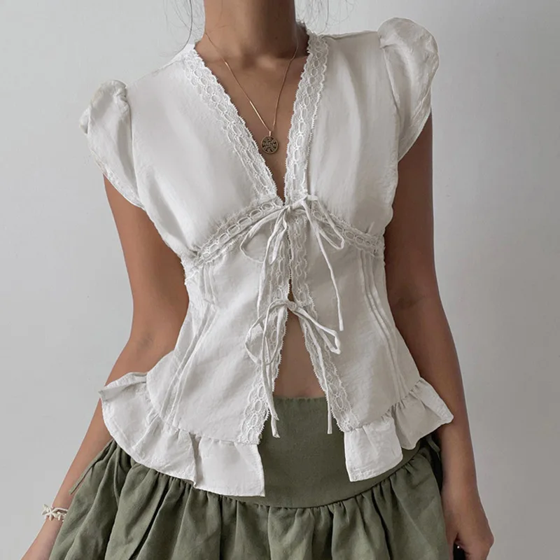 

French Pleated Bubble Sleeve Up Shirt For Women, White Lace Loose Slimming, Pure And Stylish Spicy Girl Top Short