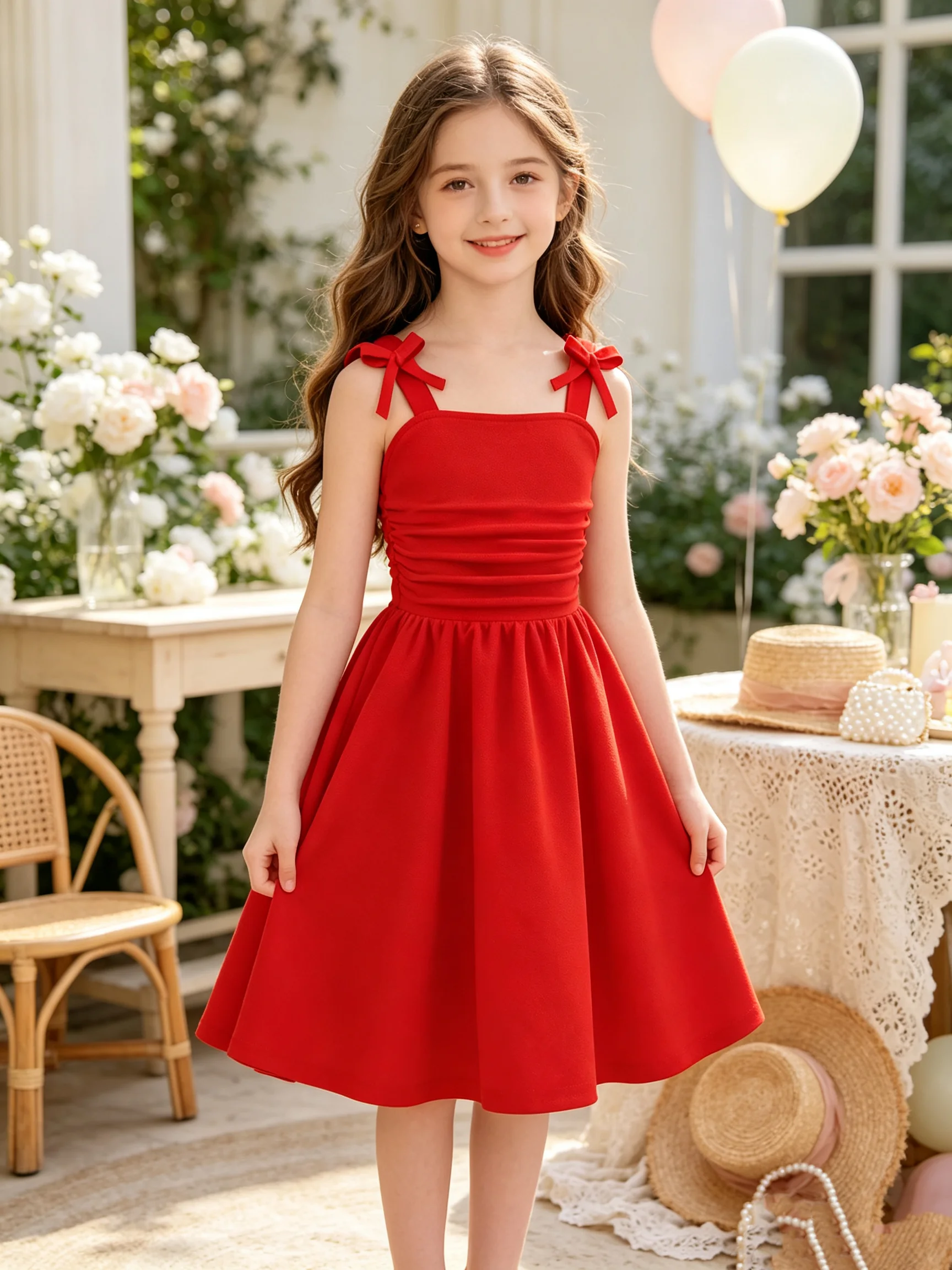 Children's Knee-Length Pleated Skirt with Thick Shoulder Strap Butterfly Bow Casual One Collar Waist Dress