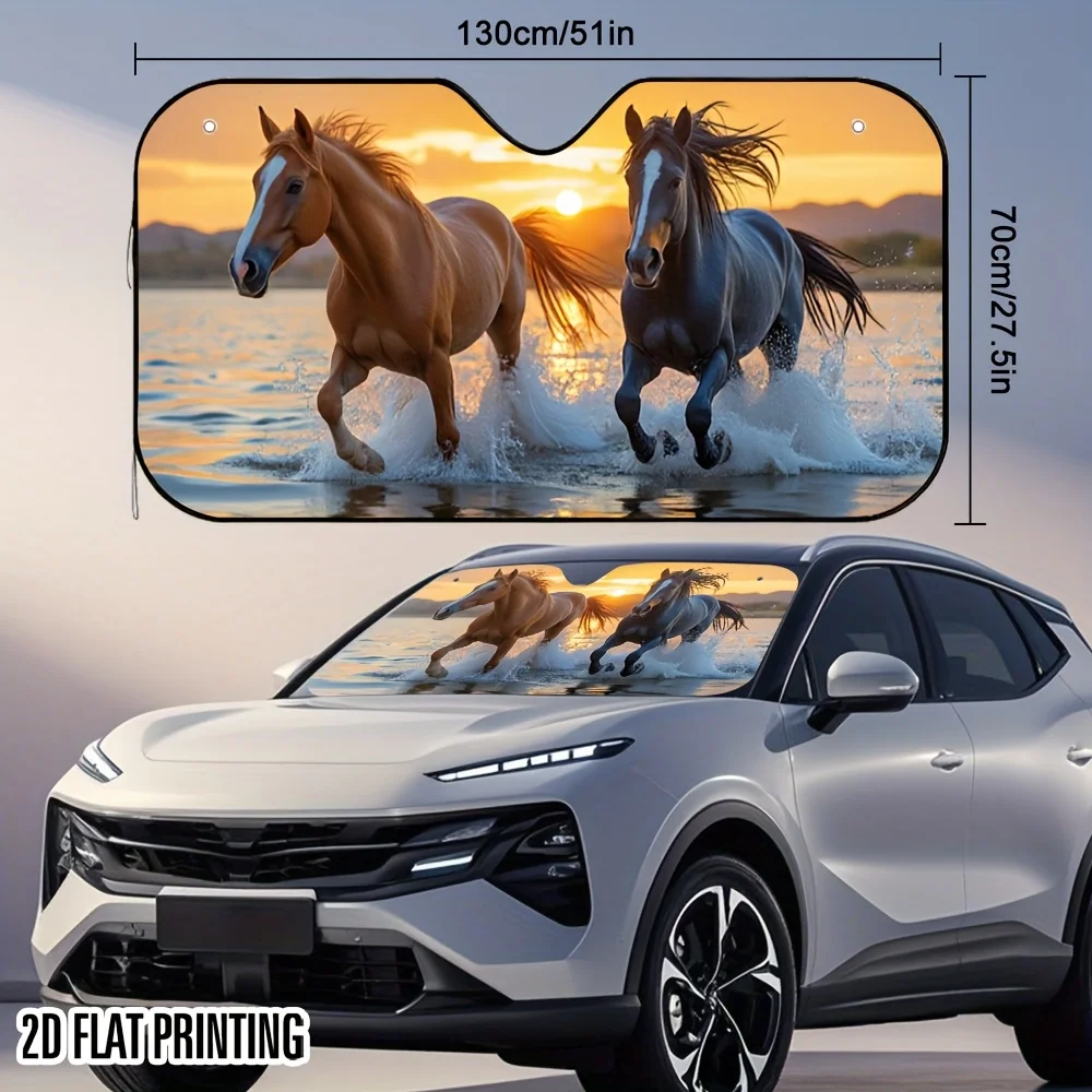 2D Flat, 1pc 2D Flat Sunset Galloping Horse Map Design Car Sunshade – Foldable & Space-Saving, Keeps Your Vehicle Cool, Easy Ins