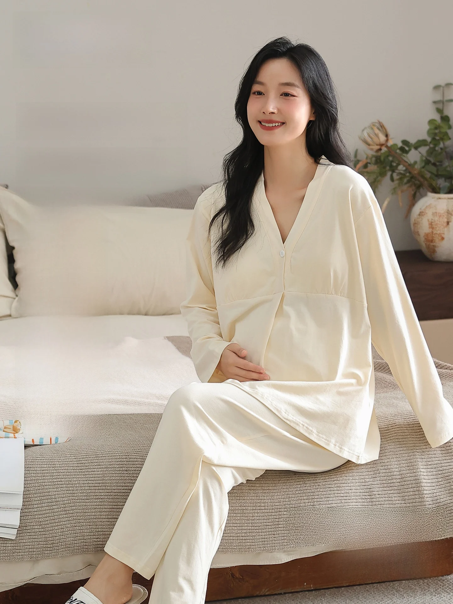 pure-cotton-long-sleeve-maternity-nightgown-breastfeeding-home-clothes-women's-sleepwear-comfortable-soft-fabric-postpartum