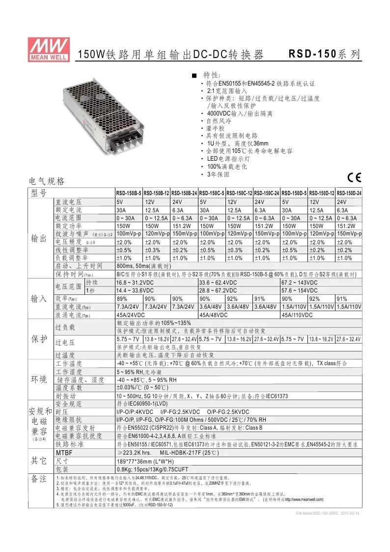 Taiwan Mingwei DC-DC Railway Power Supply RSD-150B-12 150W 14.4~ 33.6V To 12V12.5A