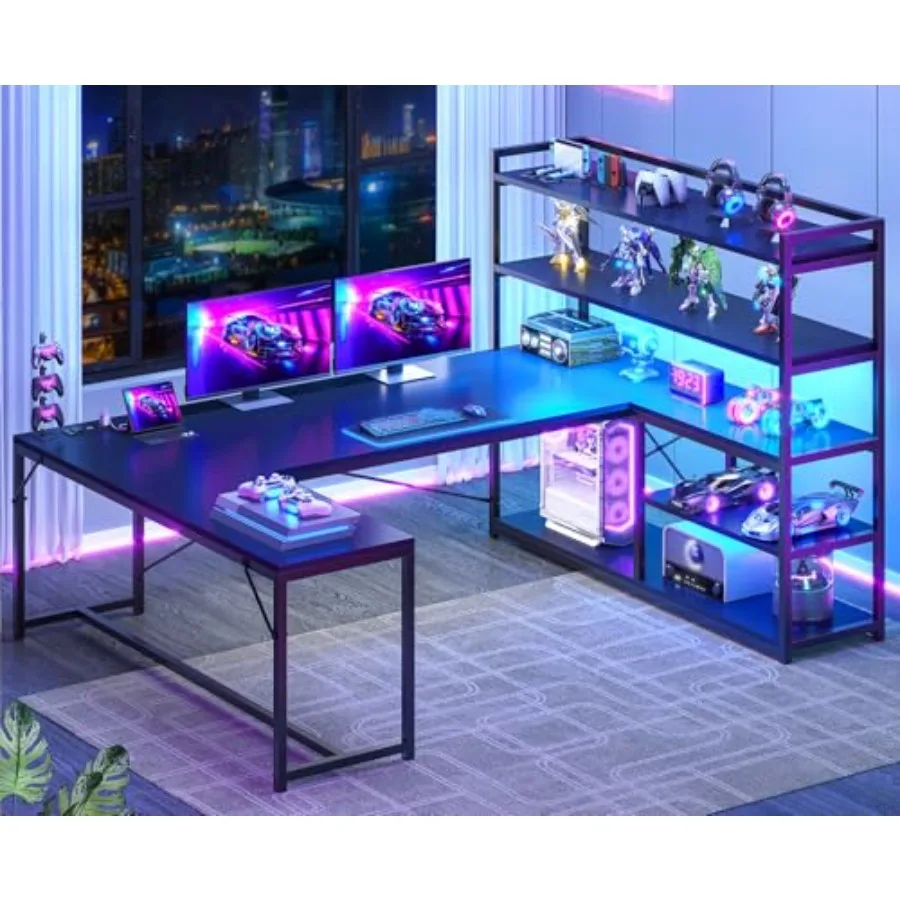 L Shaped Gaming Desk for home office, engineered wood in black, with built-in power outlet, storage shelves, and RGB LED lights