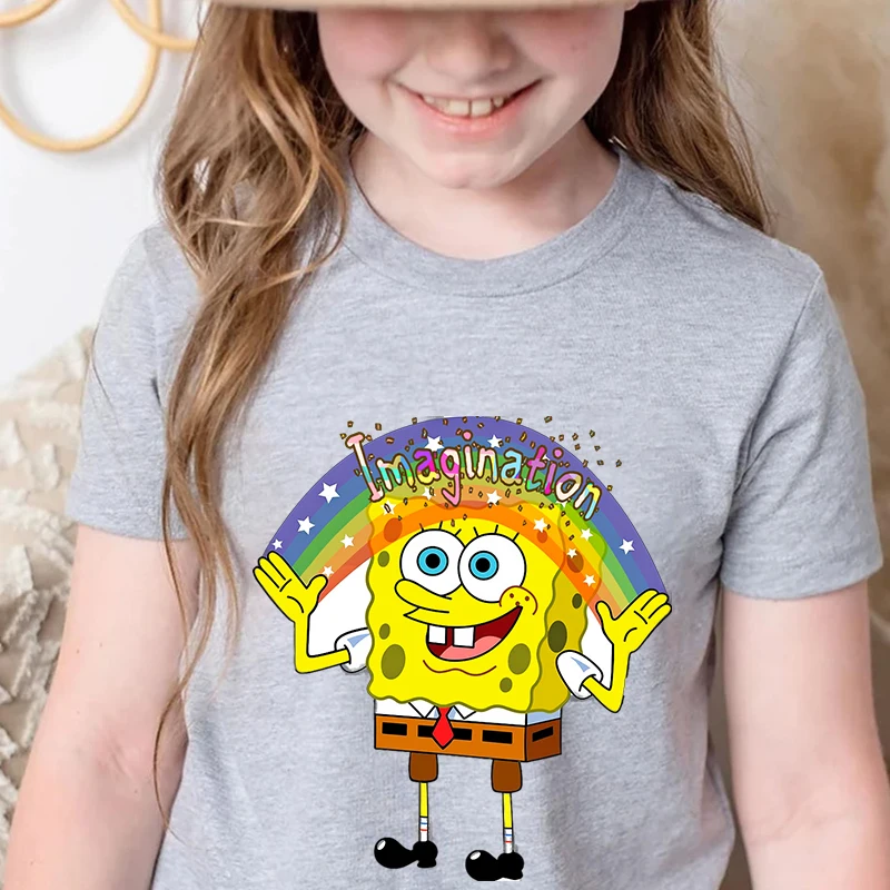 SpongeBob SquarePants Printed Kids T-shirt Summer Children's Cotton Short Sleeve Gray Casual Tops Suitable for Boys and Girls