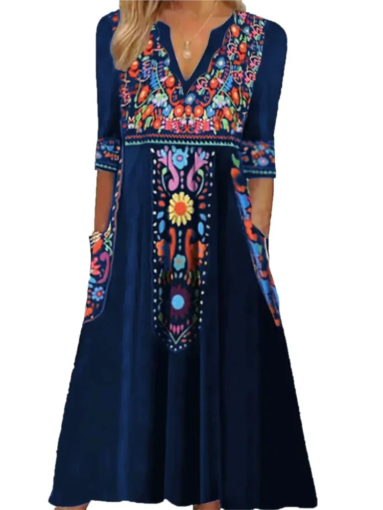 Vintage Dresses For Women 2024 Fall Ladies V-neck Pocket Boho Print Seven-quarter Sleeve Dress Fashion Midi Dress Robe  Femme