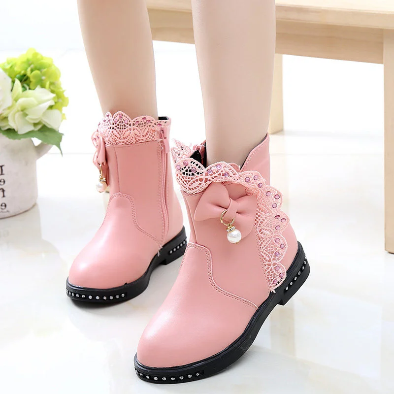 Autumn/Winter ZIP Fashion Cool Baby Girls Warm Lace Bow Beaded Square Heel Round Toe Casual Comfortable Kids Mid Boots