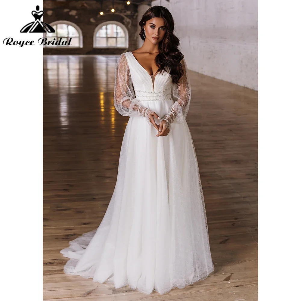 

Roycebridal Deep V Neck Long Lace Puff Sleeve Beading Belt A Line Tulle Wedding Dress 2025 Boho Bridal Gown Customized платье