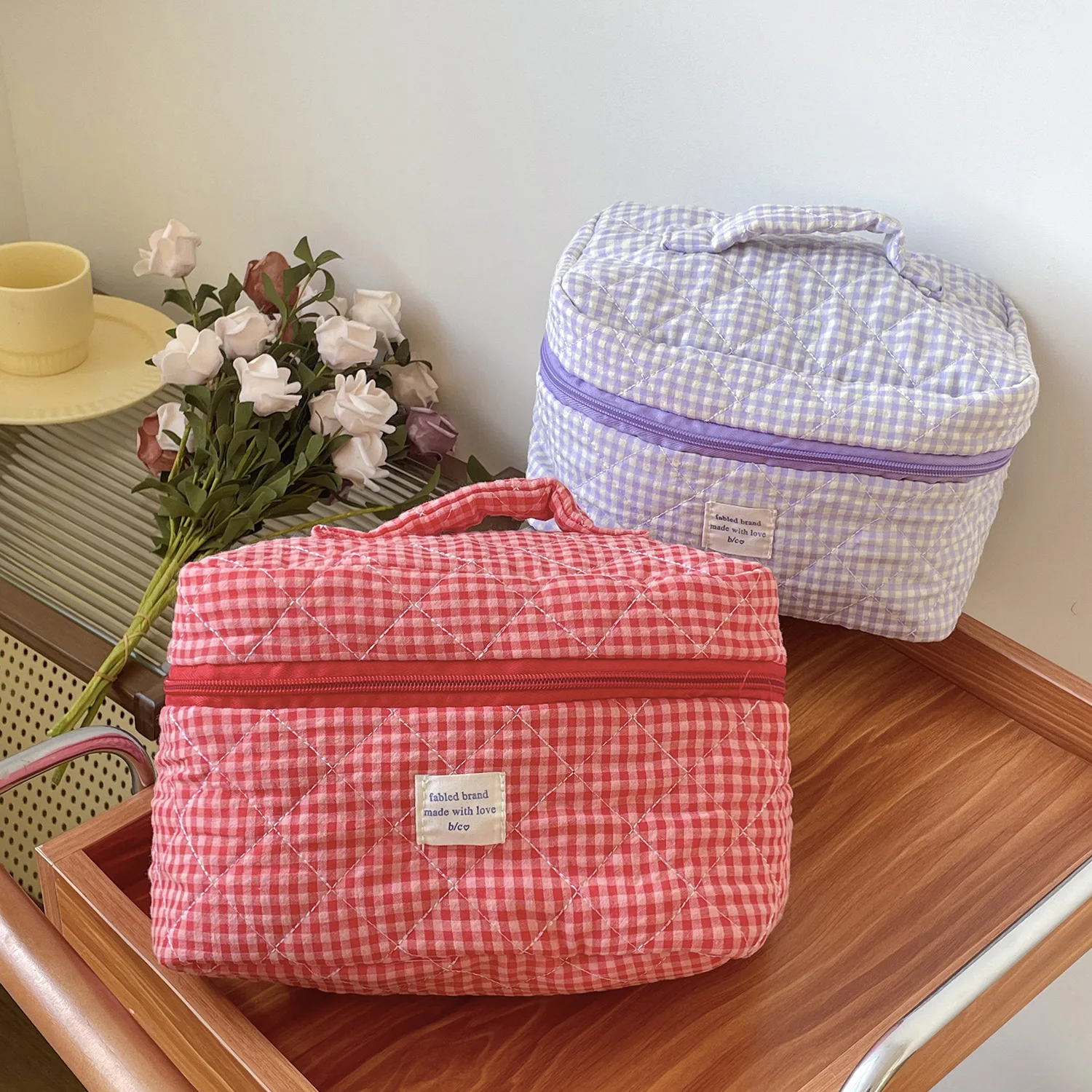 YT Berry Color Large Capacity Student Cosmetic Quilted Toiletry Bag Storage Bag Plaid Makeup Bag Ins Style