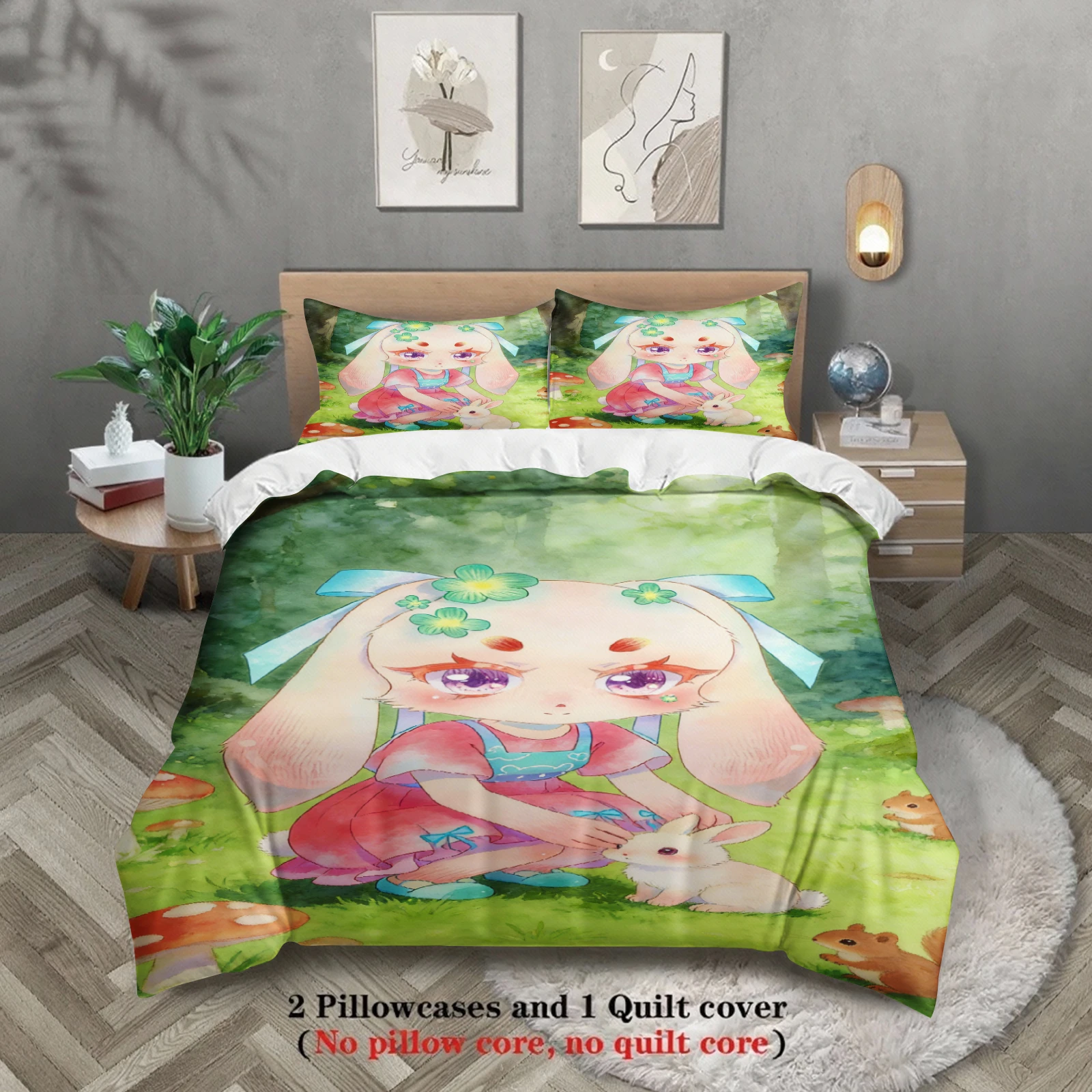 Softville Cozy Town 3PC Bedding Sets Lop Rabbit Petting Rabbit In Meadow Printed Duvet Cover No filling Cartoon Style Queen Size