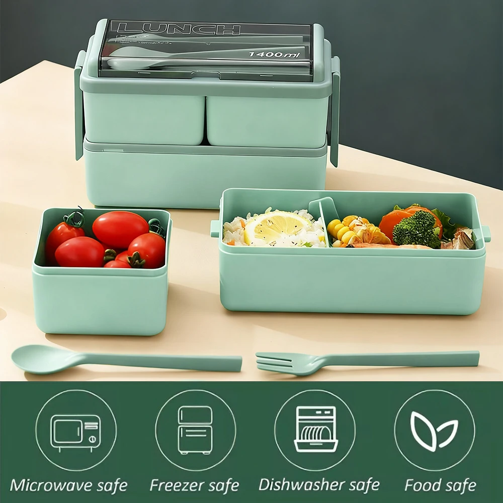 

Double layered portable lunch box, microwave heatable, food storage container with cutlery, suitable for students and adults