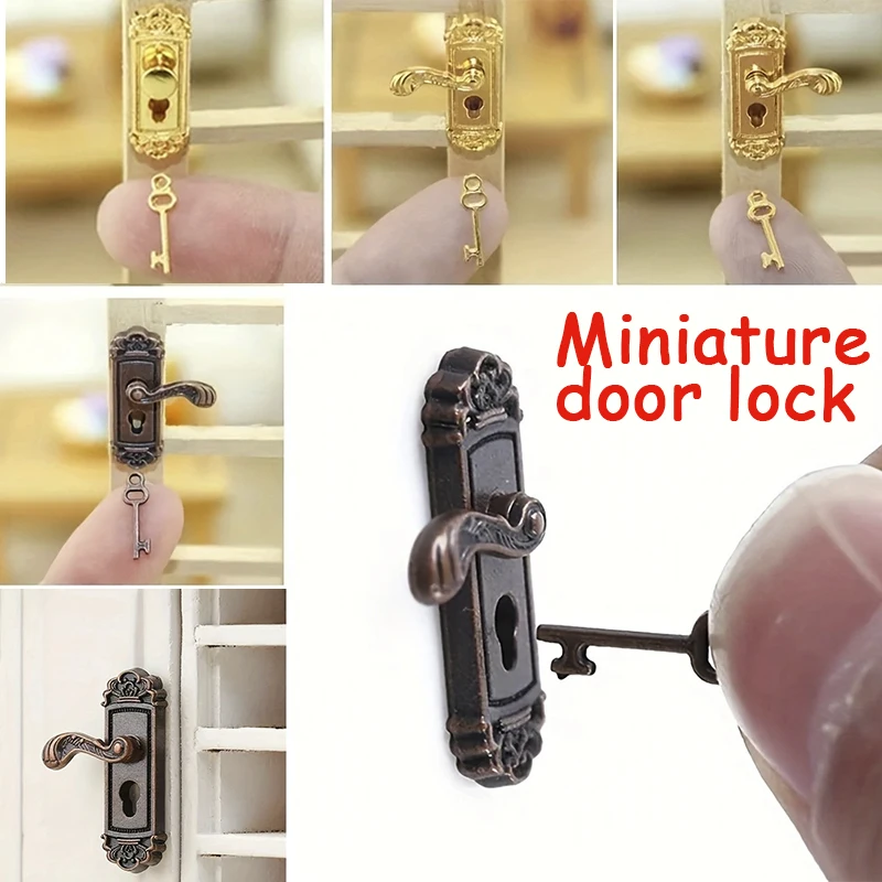 Vintage Miniature Door Handles 1/12 Scale Dollhouse Miniature Door Lock Key Set DIY Accessories Brass Knobs Fairy Mini Door