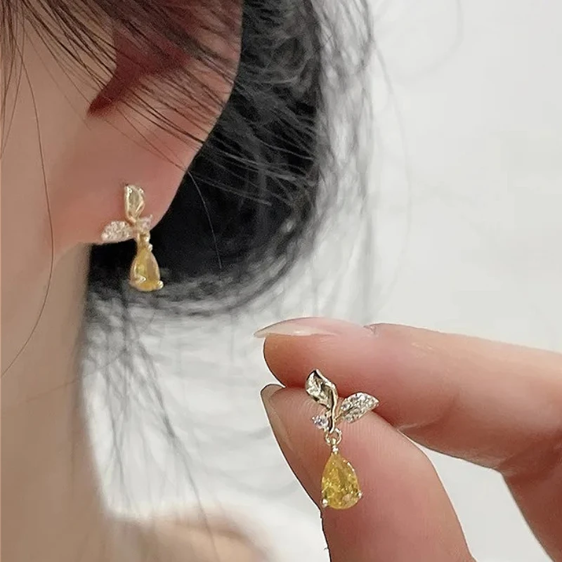 

925 Sterling Silver Zircon Water Droplet Leaves Pendant Stud Earring for Women Fine Jewelry High Luxury Vintage Accessories