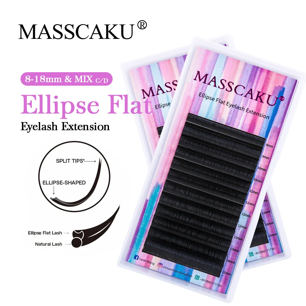 MASSCAKU Ellipse Flat Eyelash 0.15 0.20 0.25 8-18mm&Mix Super Soft Light Faux Mink Split Tip Lash Extension Makeup Supplies