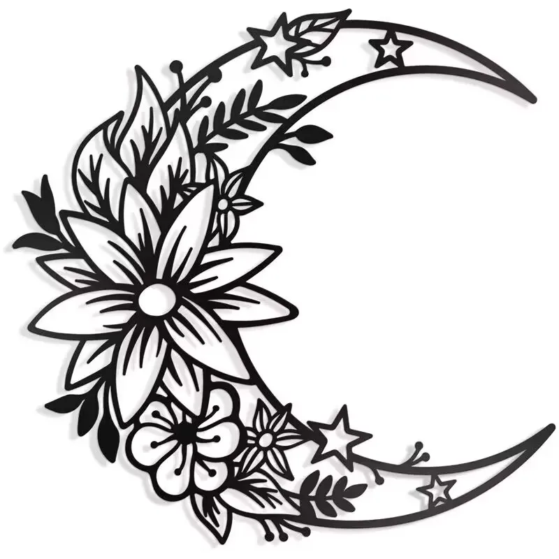 1pc Moon Metal Flower Art Decor Black Bohemian Big Flower Moon And Star Wall Sign Half Moon Flower Sculpture, Wall Decoration, H