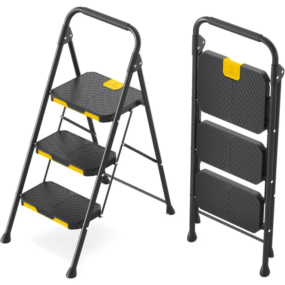 3-traps ladder, stevige stalen opstapkruk met veilig vergrendeld ontwerp, leuning, antislip brede pedalen, laad testen van 800 lbs