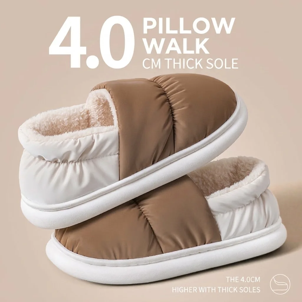 Unisex Winter Warm Slippers Women Men 4cm Thick Sole Cloud Pillow Slides Waterproof Down Indoor Outdoor Fleece Home Shoes Mule