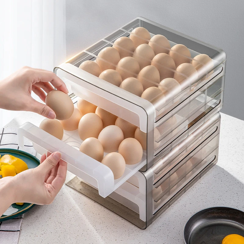 

32Grids Home Kitchen Egg Storage Box Refrigerator Fresh Creative Translucent Pet Egg Multi-Layer Rolling Drawer Organizer Rack