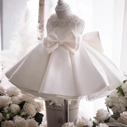 Pageant White Party Dress For Girl Children Costume Beading Birthday Princess Dresses Elegant Girls Clothes Bow Wedding Gown