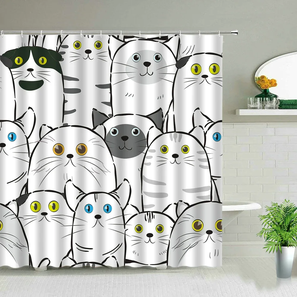 Cat Printed Shower Curtain Color Cartoon Lovely Animal Bear Polyester Fabric Hanging Curtains Bathroom Bathtub Decor with Hooks