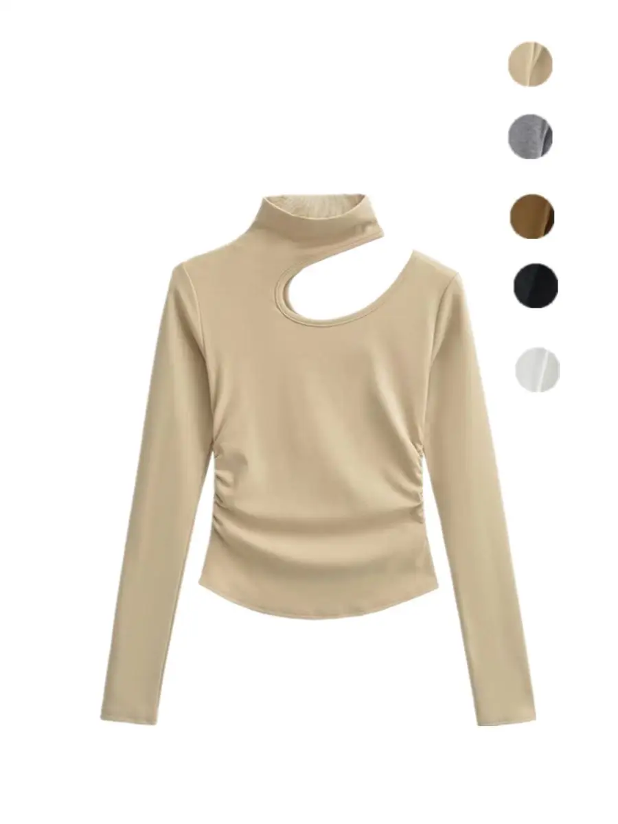 

Street Sle Fce Lined Long Sve Hollow out High Collar Women's T-irt Inner Wear Base Layer Pure Desirable Sexy Girl