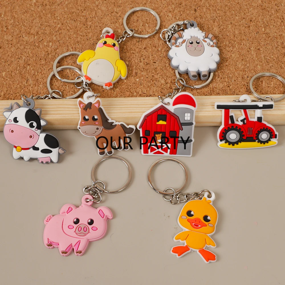 8Pcs/set Cute Farm Animal Theme Keychains Backpack Pendant for Kids Birthday Party Favors Baby Shower Goodie Bag Pinata Fillers