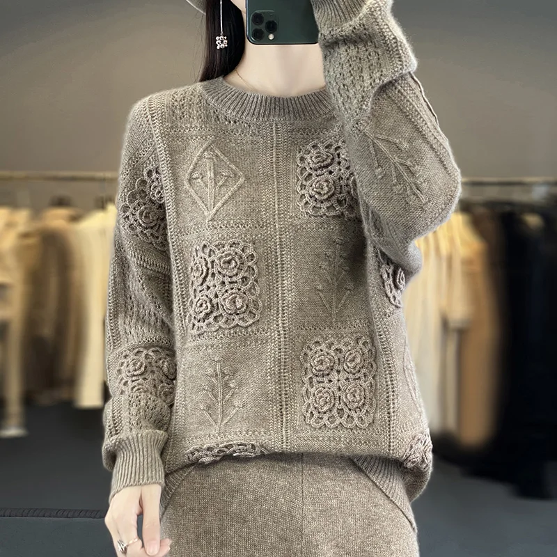 Autumn and winter new 100% sweater women\'s round neck hook openwork sweater loose leisure trend heavy industry sweater