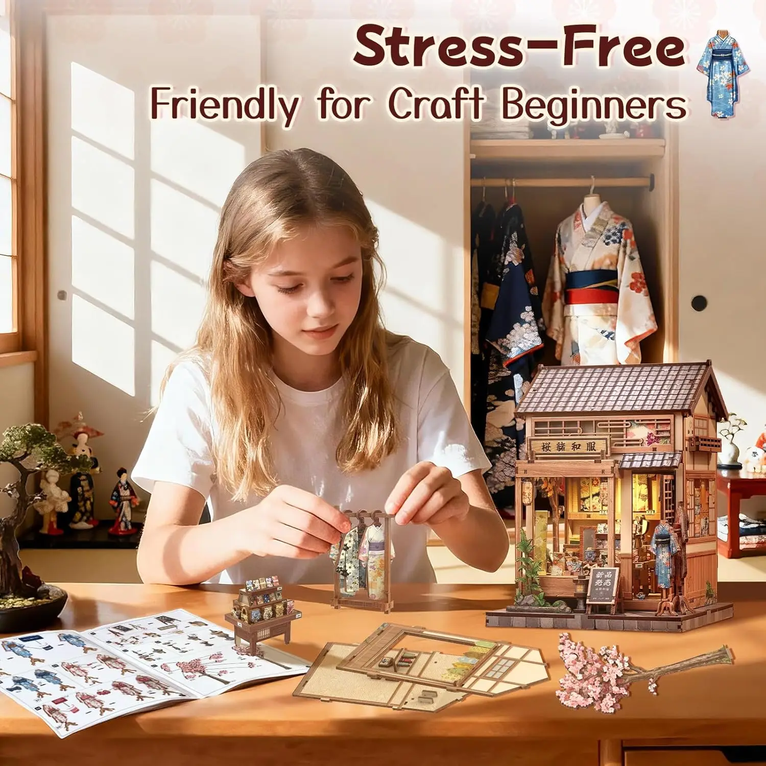 ชุดบ้านจิ๋ว DIY สไตล์ญี่ปุ่นสำหรับผู้ใหญ่ - ร้านซากุระกิโมโน ชั้นวางหนังสือ ไดโอรามา 3 มิติ ของขวัญตัวต่อ
